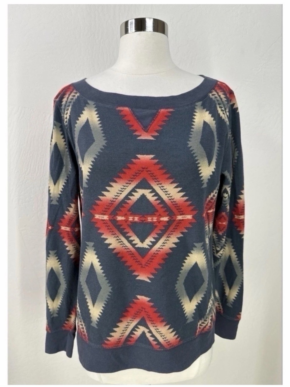 Chaps 100-# Cotton Women’s Aztec-Pattern Crewneck Sweater in Navy and Red